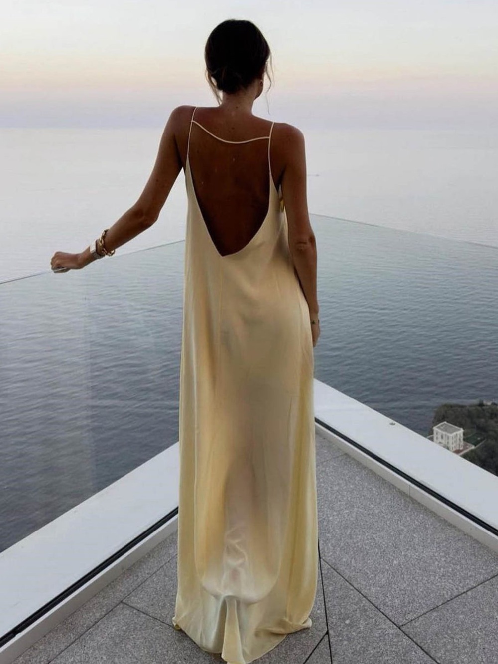 Commense Backless Vacation Satin Long Dress